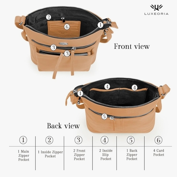 Luxeoria Pebble Grain Leather Crossbody Bag Light Peach Tan Beige Classic Medium - Picture 14 of 16